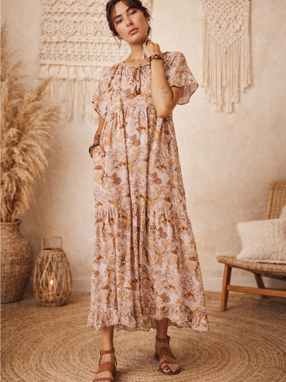 Hayden Floral Sierra Maxi Dress Plus 1X NWT Boho Relaxed Pink Cottage Earthy